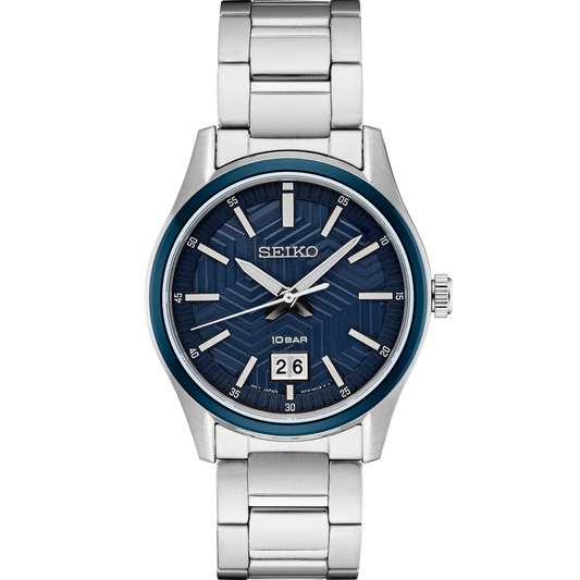 SEIKO SUR559 from the Essentials Collection – matte blue dial with y-pattern, big date display, stainless steel case and bracelet, sapphire crystal, and 100m water resistance.
