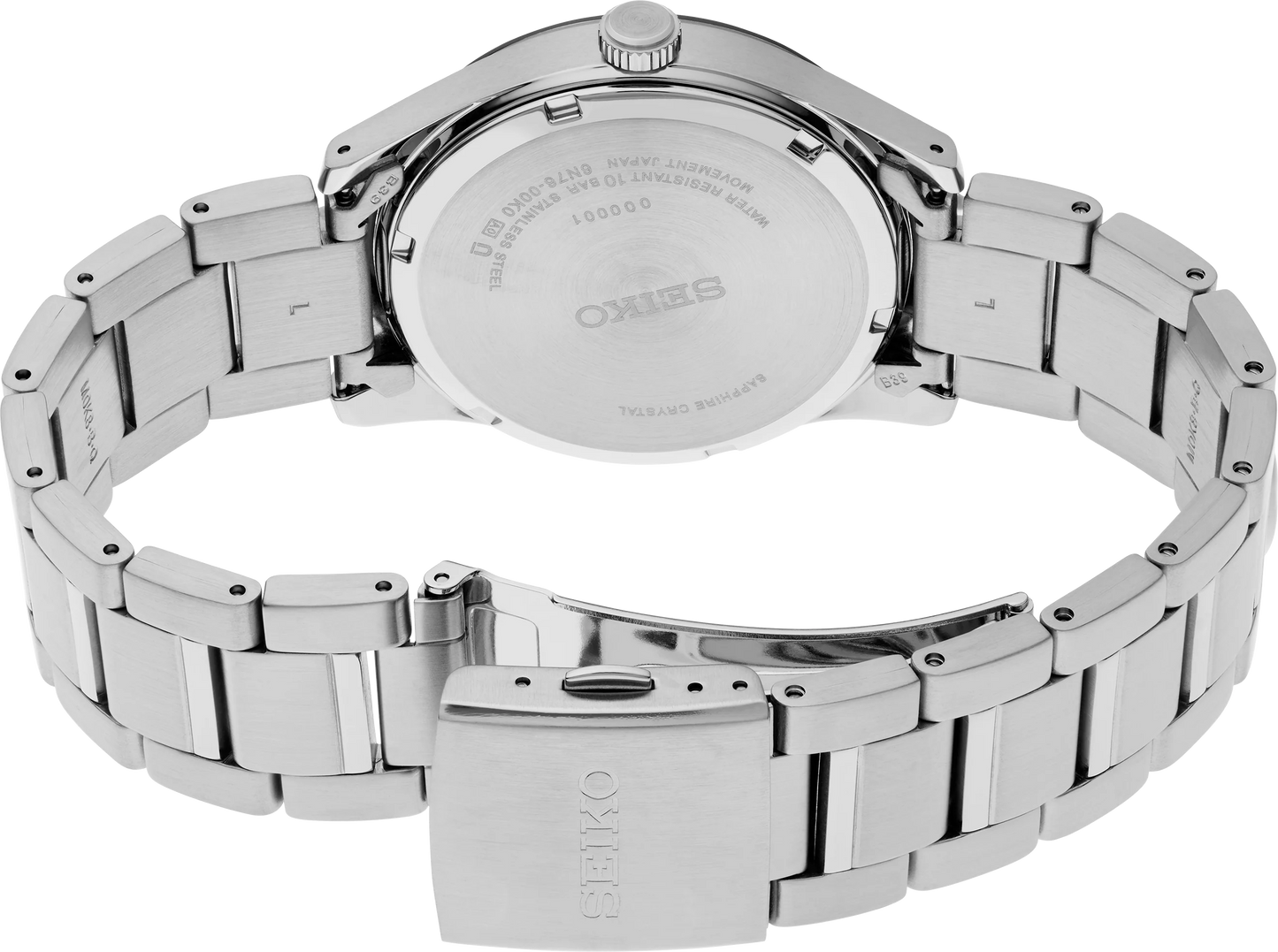 SEIKO SUR559 from the Essentials Collection – matte blue dial with y-pattern, big date display, stainless steel case and bracelet, sapphire crystal, and 100m water resistance.