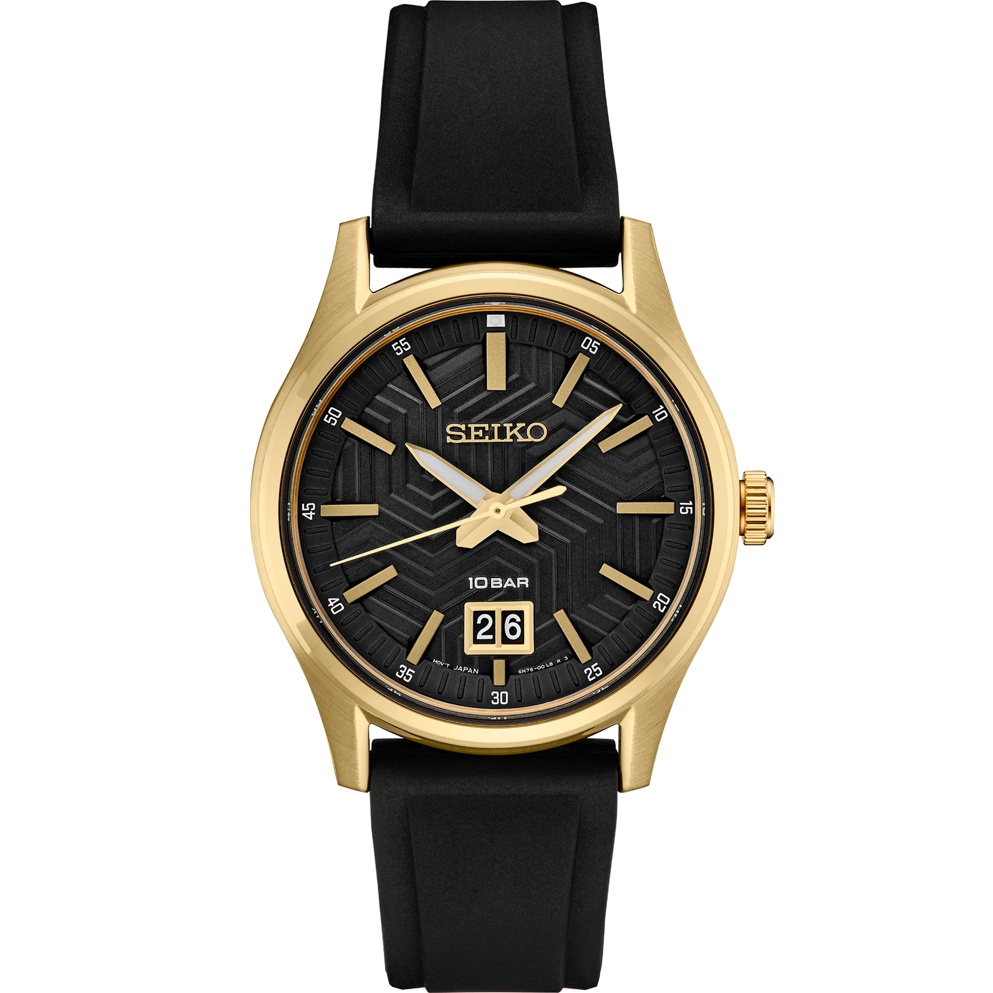SEIKO SUR560 from the Essentials Collection – matte black dial with y-pattern, gold accents, big date display, gold-tone stainless steel case, black silicone strap, and 100m water resistance.