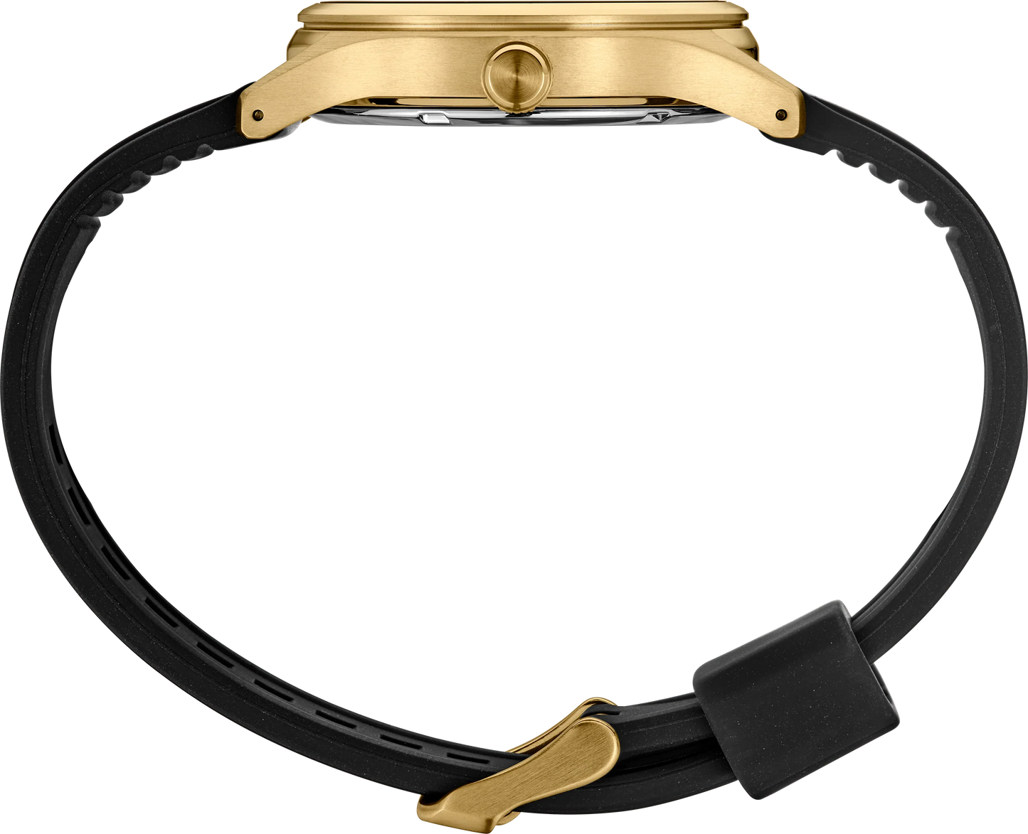 SEIKO SUR560 from the Essentials Collection – matte black dial with y-pattern, gold accents, big date display, gold-tone stainless steel case, black silicone strap, and 100m water resistance.