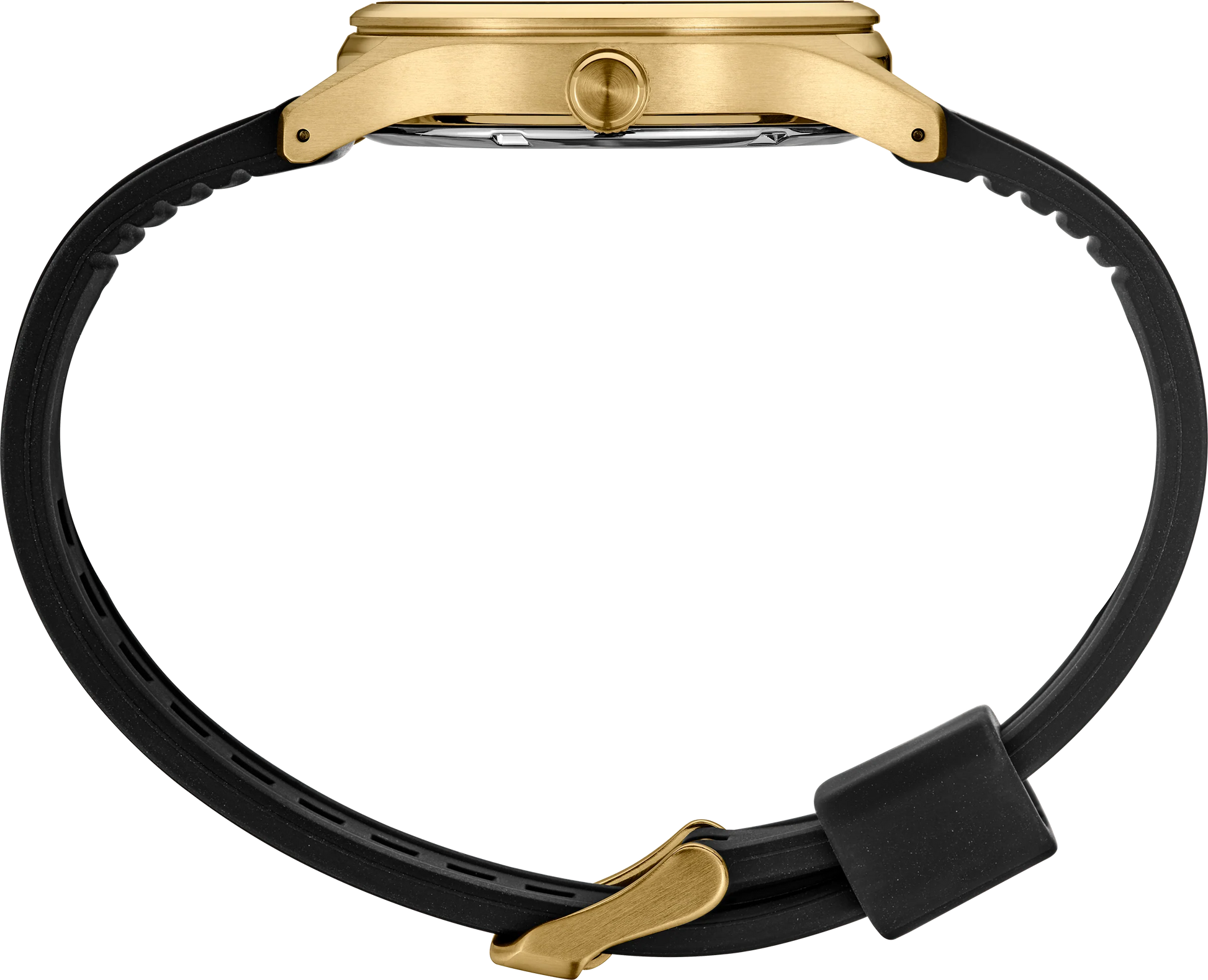 SEIKO SUR560 from the Essentials Collection – matte black dial with y-pattern, gold accents, big date display, gold-tone stainless steel case, black silicone strap, and 100m water resistance.