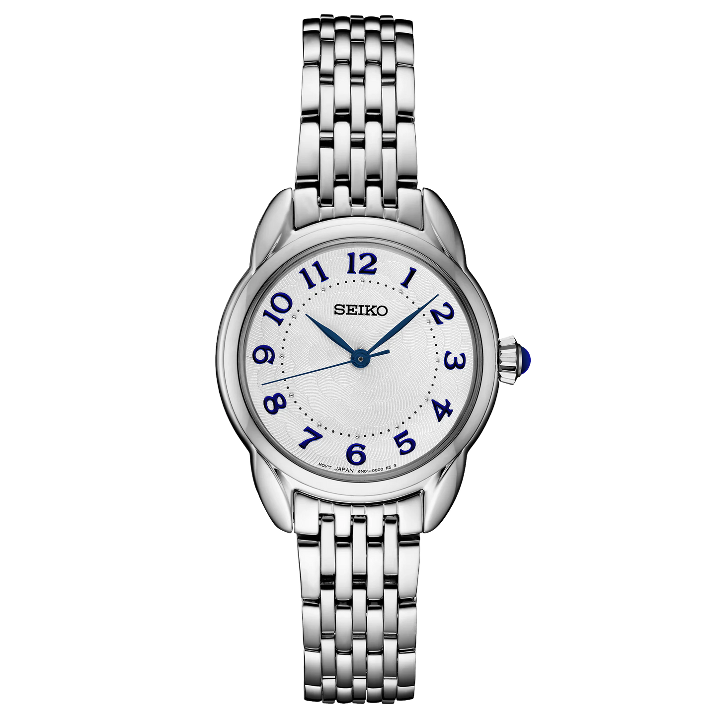 Silver Seiko watch with a white face on a white background