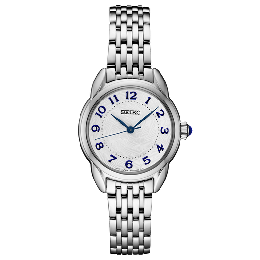 Silver Seiko watch with a white face on a white background