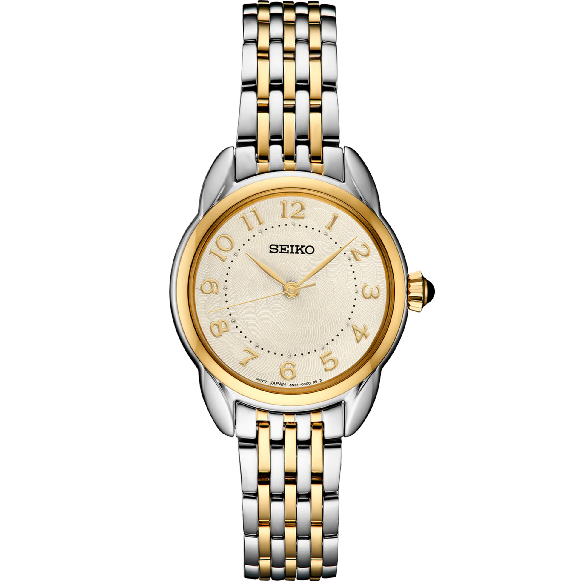 Seiko SUR562 – elegant two-tone stainless steel watch with ivory patterned dial, gold hands, Arabic numerals, cabochon crown, and curved Hardlex crystal from the Essentials Collection.