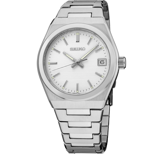 Seiko Essentials SUR573 - 34mm Stainless Steel Watch, Silver Dial, Date Display, 100m Water Resistance, Quartz Movement