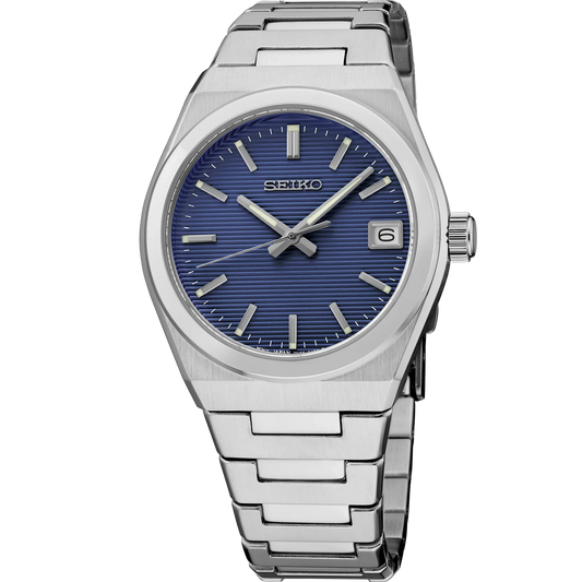 Seiko Essentials SUR575 - 34mm Stainless Steel Watch, Blue Dial, Date Display, 100m Water Resistance, Quartz Movement