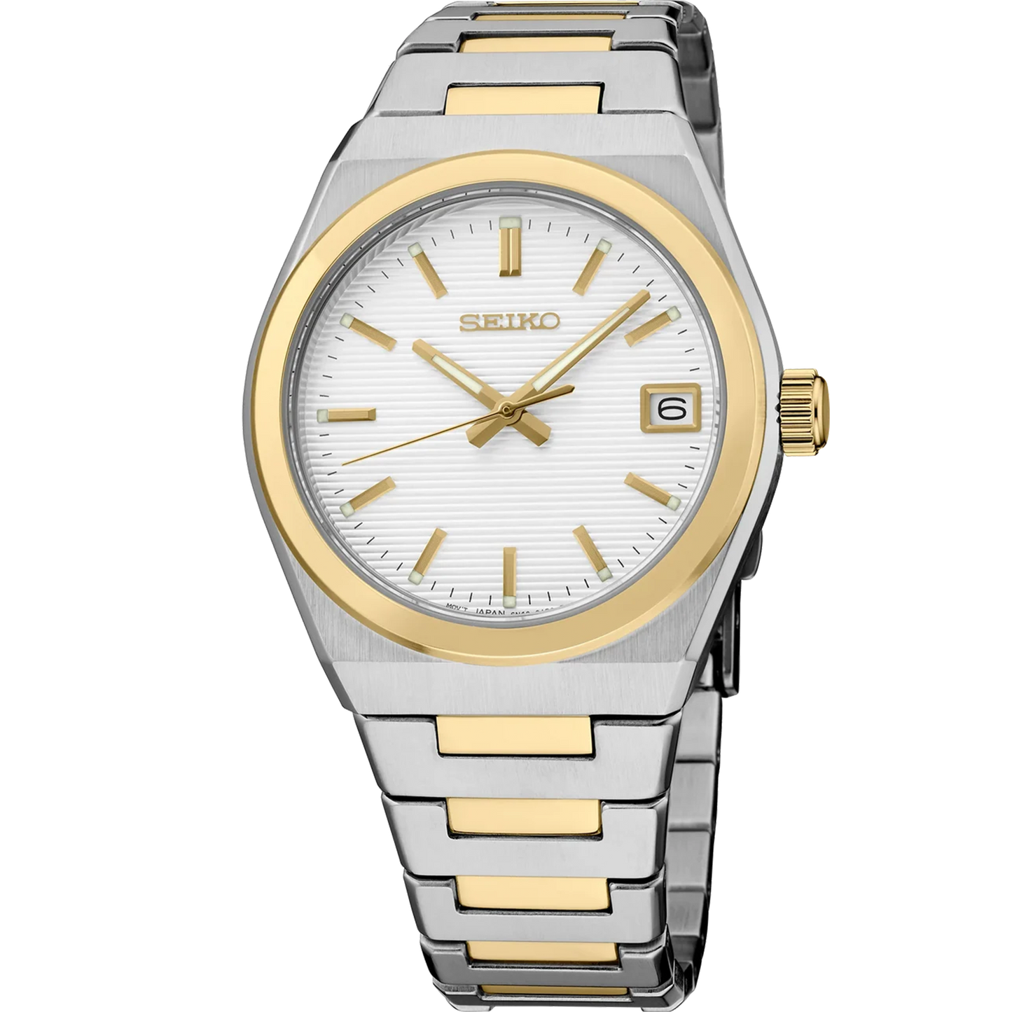 Seiko Essentials SUR578 - 34mm Two-Tone Stainless Steel Watch, White Dial with Gold-Tone Indices, Date Display, 100m Water Resistance, Quartz Movement