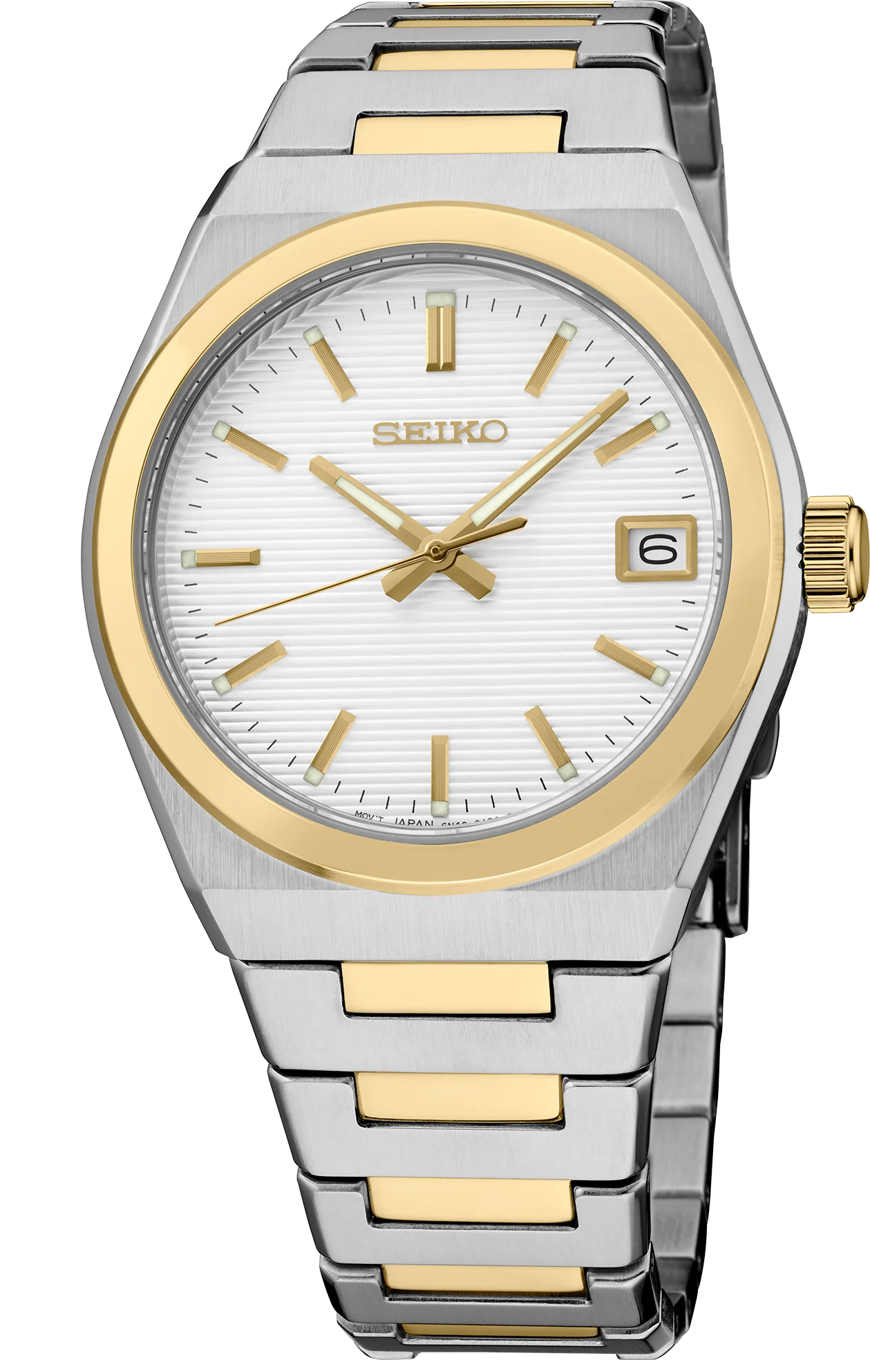 Seiko Essentials SUR578 - 34mm Two-Tone Stainless Steel Watch, White Dial with Gold-Tone Indices, Date Display, 100m Water Resistance, Quartz Movement