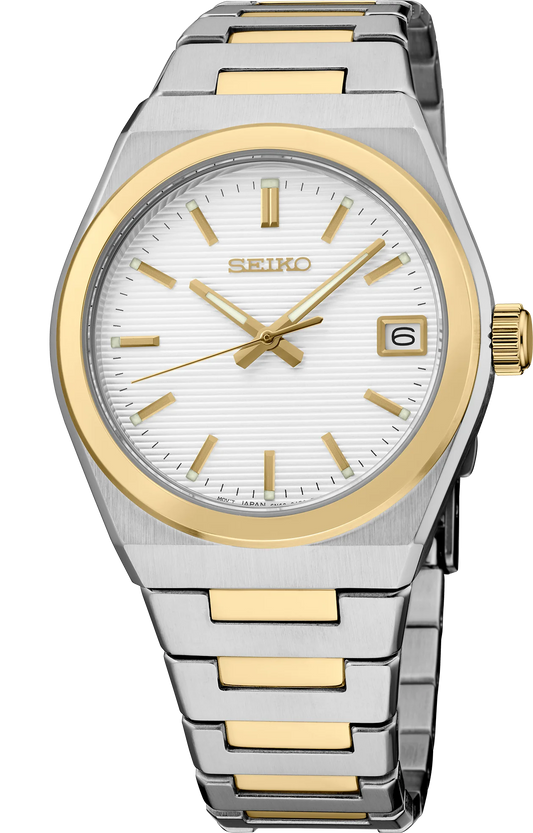 Seiko Essentials SUR578 - 34mm Two-Tone Stainless Steel Watch, White Dial with Gold-Tone Indices, Date Display, 100m Water Resistance, Quartz Movement