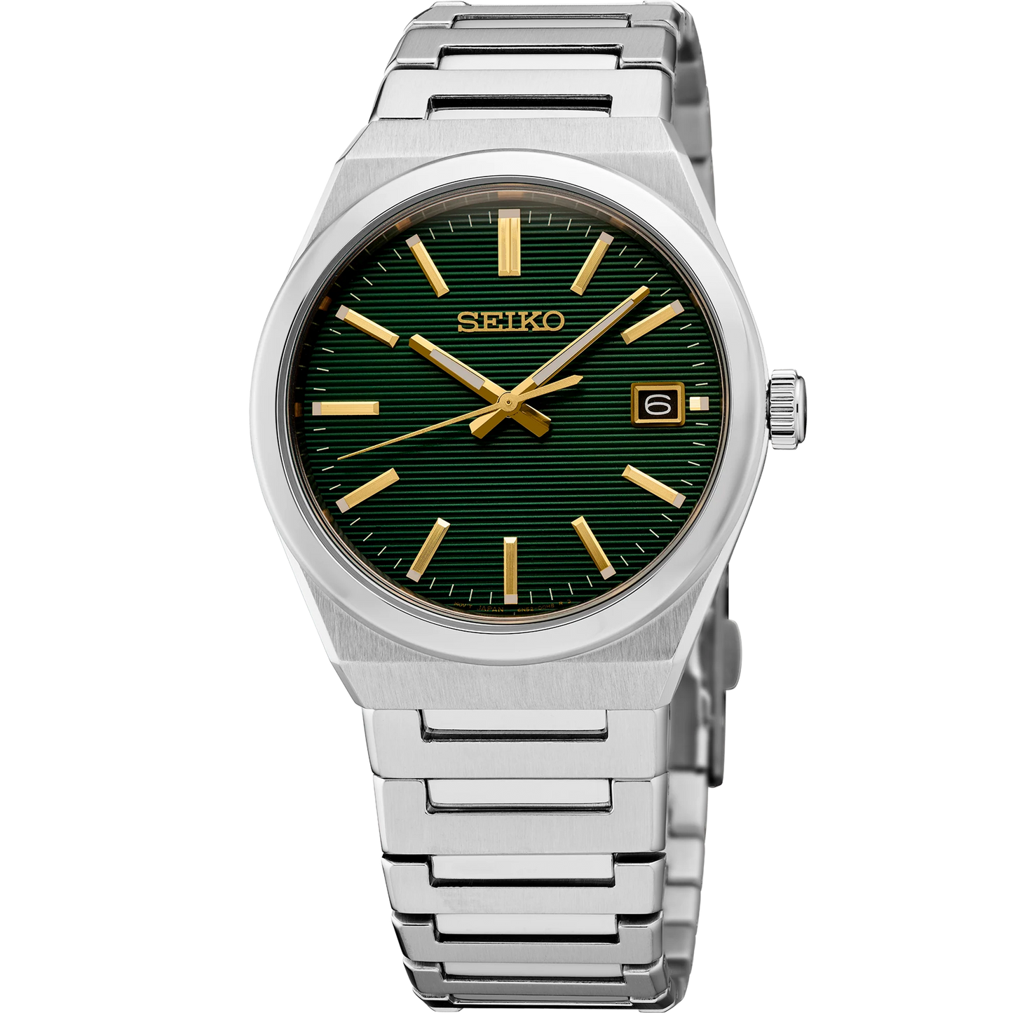 Seiko SUR601 quartz watch with 38.9mm stainless steel case, sapphire crystal, LumiBrite hands, three-fold push-button clasp, screw case back, Caliber 6N52 movement, and 10 bar water resistance.