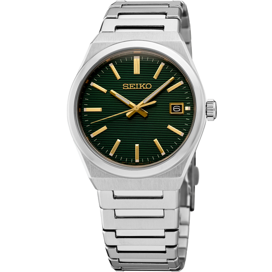 Seiko SUR601 quartz watch with 38.9mm stainless steel case, sapphire crystal, LumiBrite hands, three-fold push-button clasp, screw case back, Caliber 6N52 movement, and 10 bar water resistance.