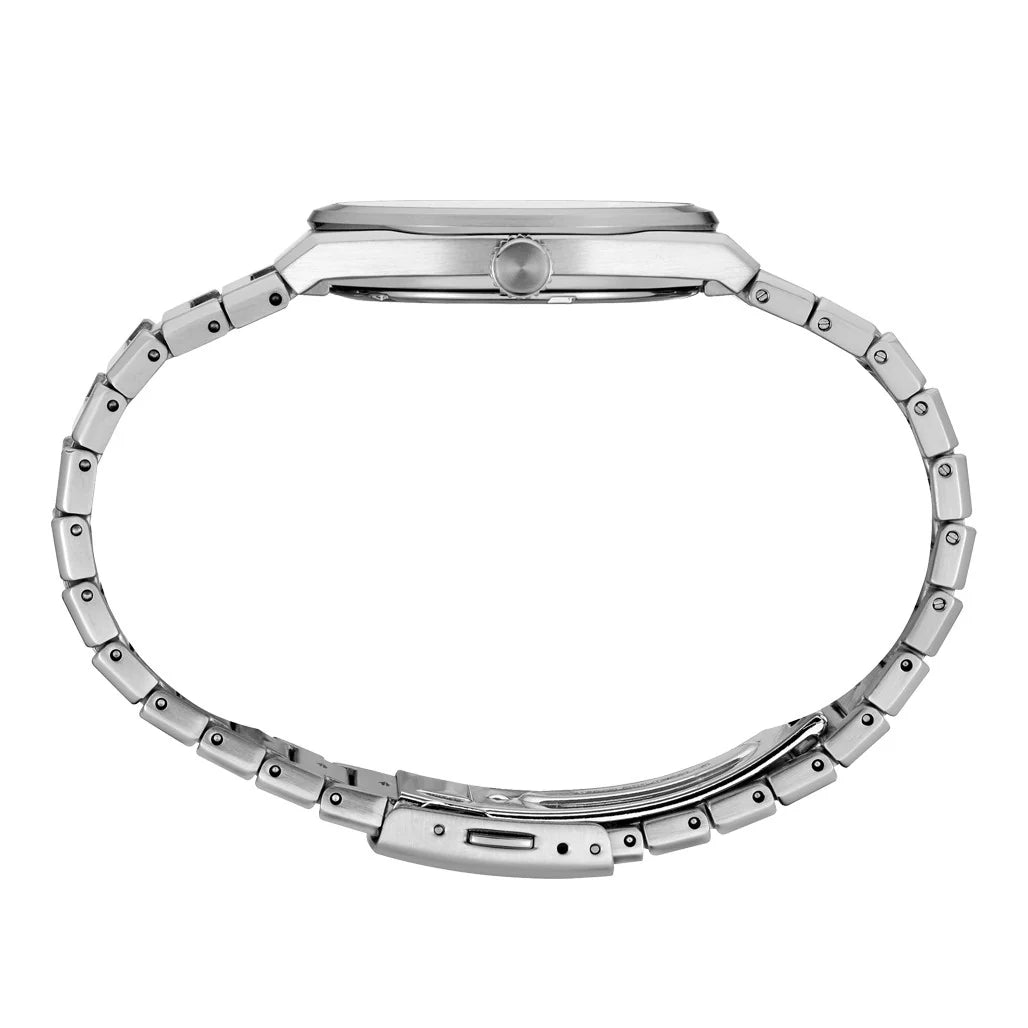 Silver watch band on a white background
