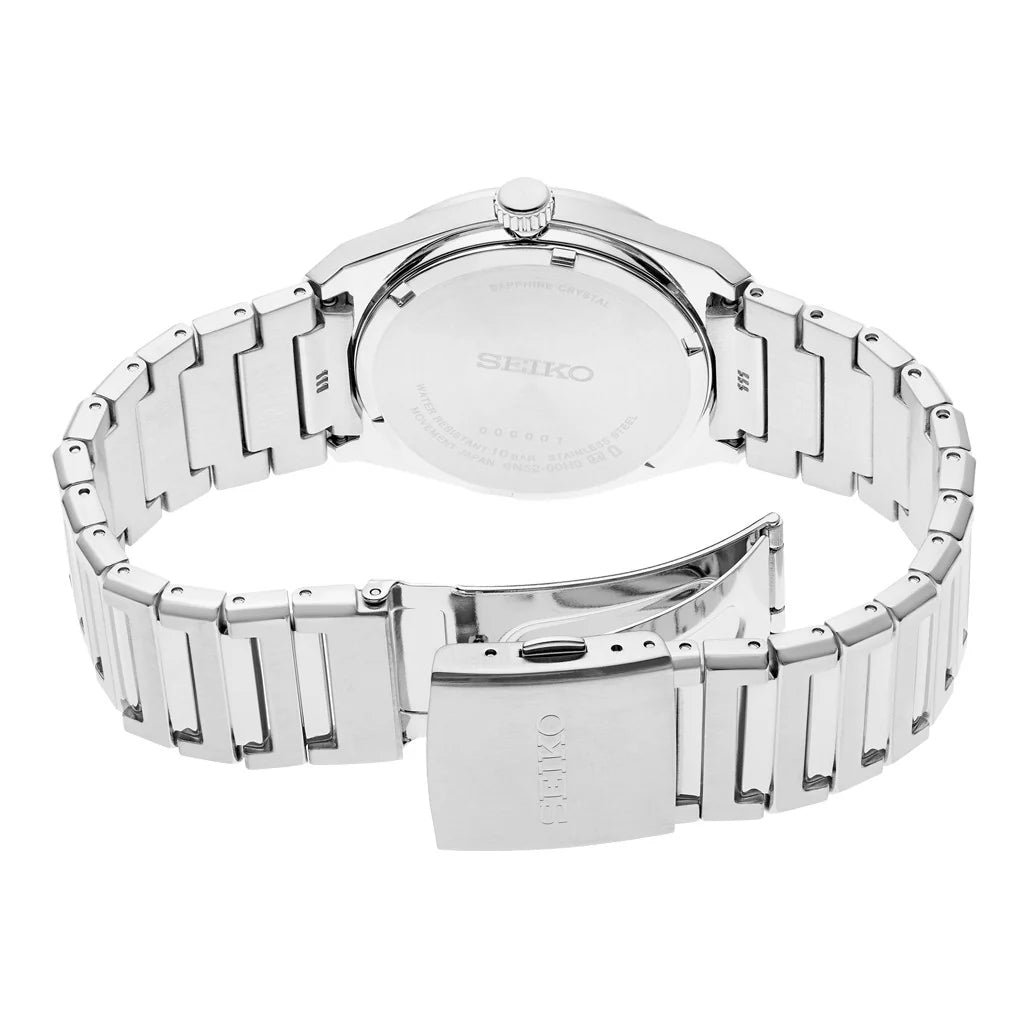Silver watch with a metal band on a white background