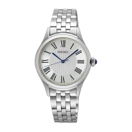 Seiko SUR609 Essentials – stainless steel quartz watch with silver Roman numeral dial, blue hands, sapphire crystal, slim 6.2mm profile, and 50m water resistance.