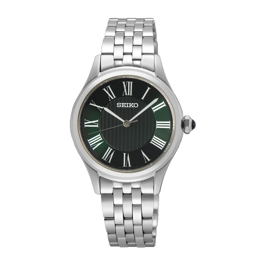 Seiko SUR611 Essentials – stainless steel quartz watch with green Roman numeral dial, sapphire crystal, slim 6.2mm profile, and 50m water resistance.
