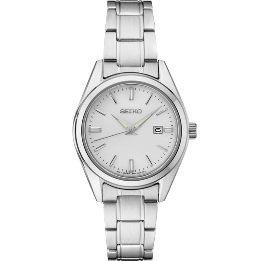 Seiko Essentials Collection SUR633 quartz watch with silver sunray dial, LumiBrite hands, date window, stainless steel case and bracelet, sapphire crystal, and compact elegant design with 100-meter water resistance.