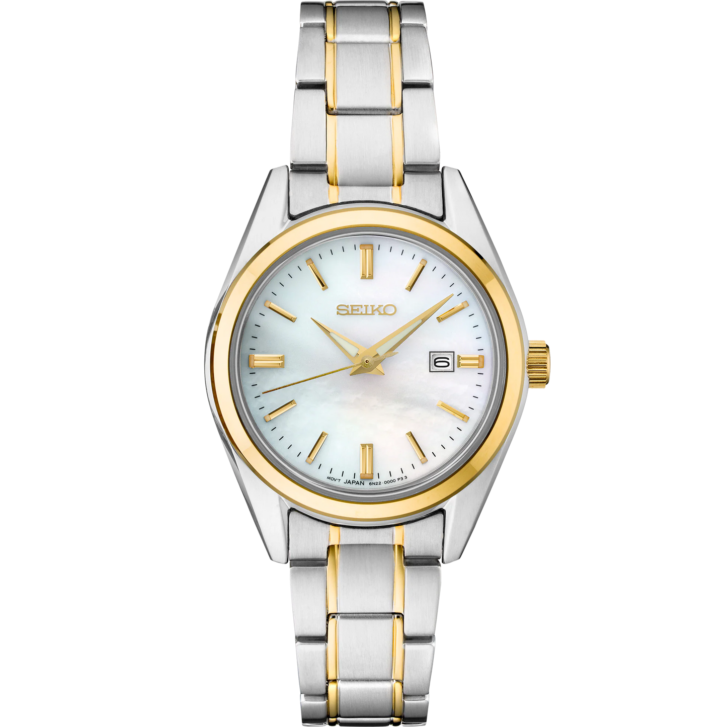 “Seiko Essentials SUR636 quartz watch with mother-of-pearl dial, gold-tone accents, two-tone stainless steel case and bracelet, date display, LumiBrite hands, sapphire crystal, and 100m water resistance.