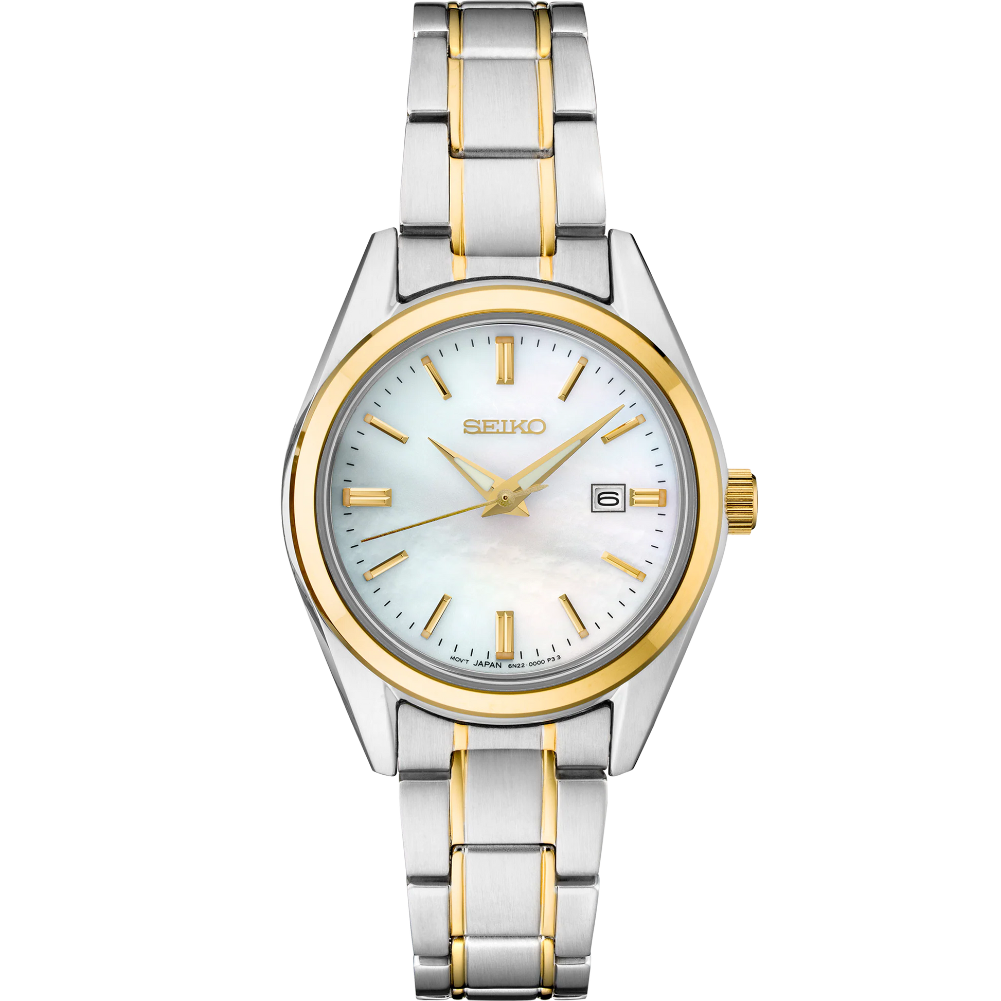 “Seiko Essentials SUR636 quartz watch with mother-of-pearl dial, gold-tone accents, two-tone stainless steel case and bracelet, date display, LumiBrite hands, sapphire crystal, and 100m water resistance.