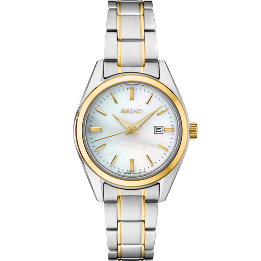 “Seiko Essentials SUR636 quartz watch with mother-of-pearl dial, gold-tone accents, two-tone stainless steel case and bracelet, date display, LumiBrite hands, sapphire crystal, and 100m water resistance.