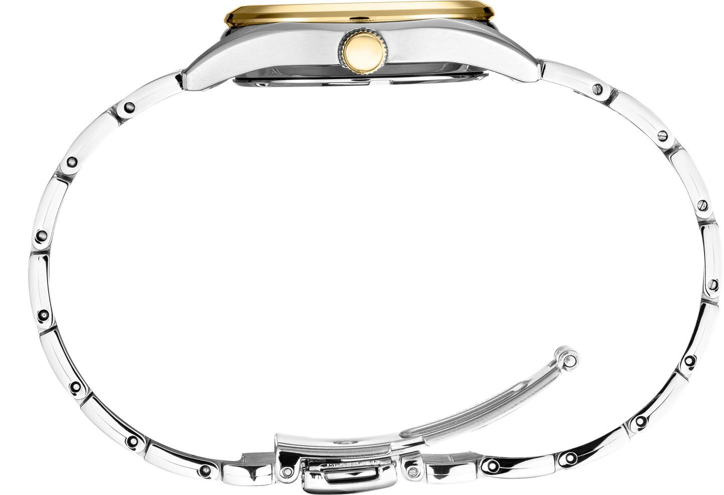 Silver-tone stainless steel watch band with a two-tone gold and silver case, shown from the back on a white background.