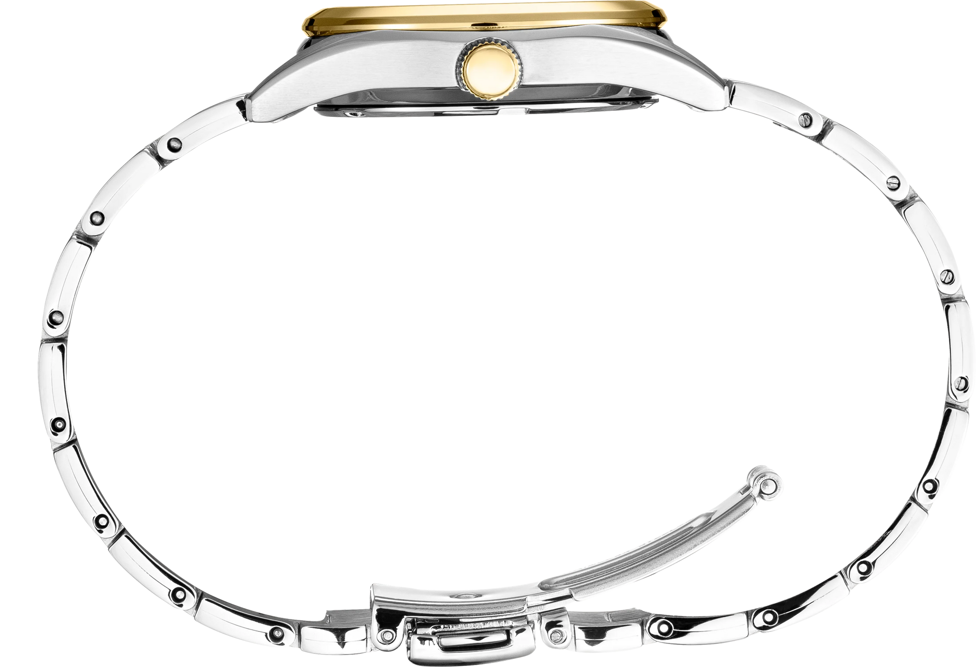 Silver-tone stainless steel watch band with a two-tone gold and silver case, shown from the back on a white background.