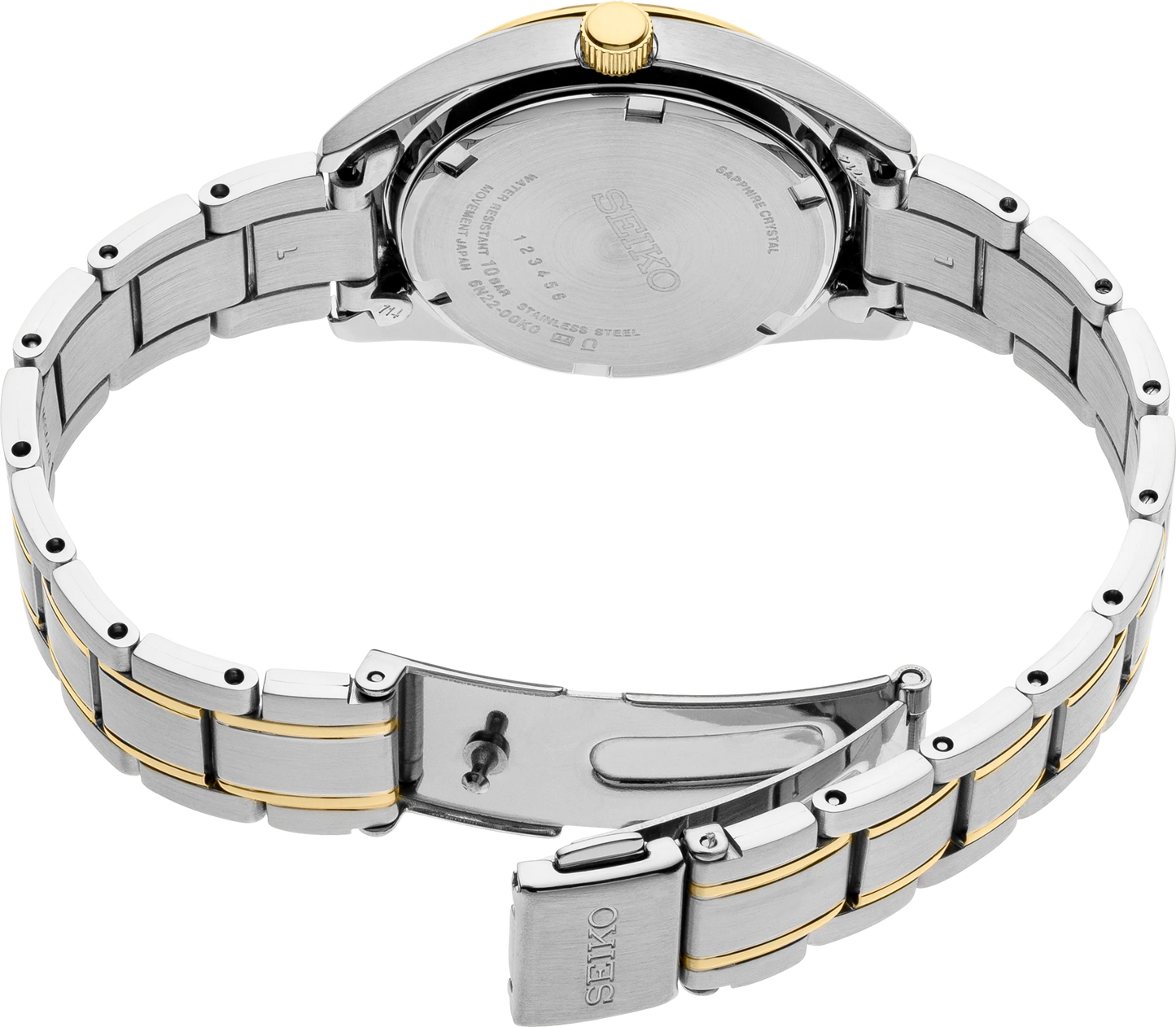 The back view of a Seiko stainless steel watch with a two-tone metal bracelet featuring gold accents, set against a plain white background.