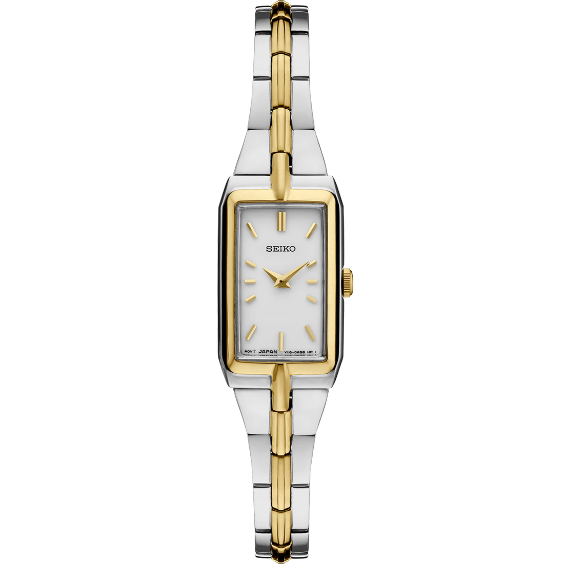 Seiko Essentials SWR044 women’s watch with slim rectangular two-tone stainless steel case and bracelet, white dial with gold-tone hands and markers, Hardlex crystal, quartz Caliber 4N30 movement, 30m water resistance, and ultra-thin 5.68 mm profile.
