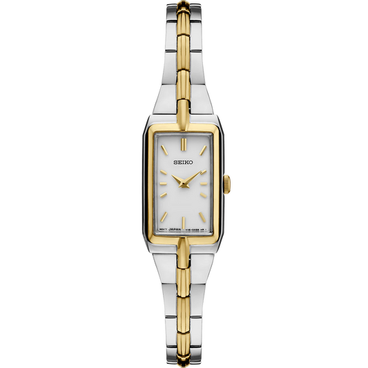 Seiko Essentials SWR044 women’s watch with slim rectangular two-tone stainless steel case and bracelet, white dial with gold-tone hands and markers, Hardlex crystal, quartz Caliber 4N30 movement, 30m water resistance, and ultra-thin 5.68 mm profile.