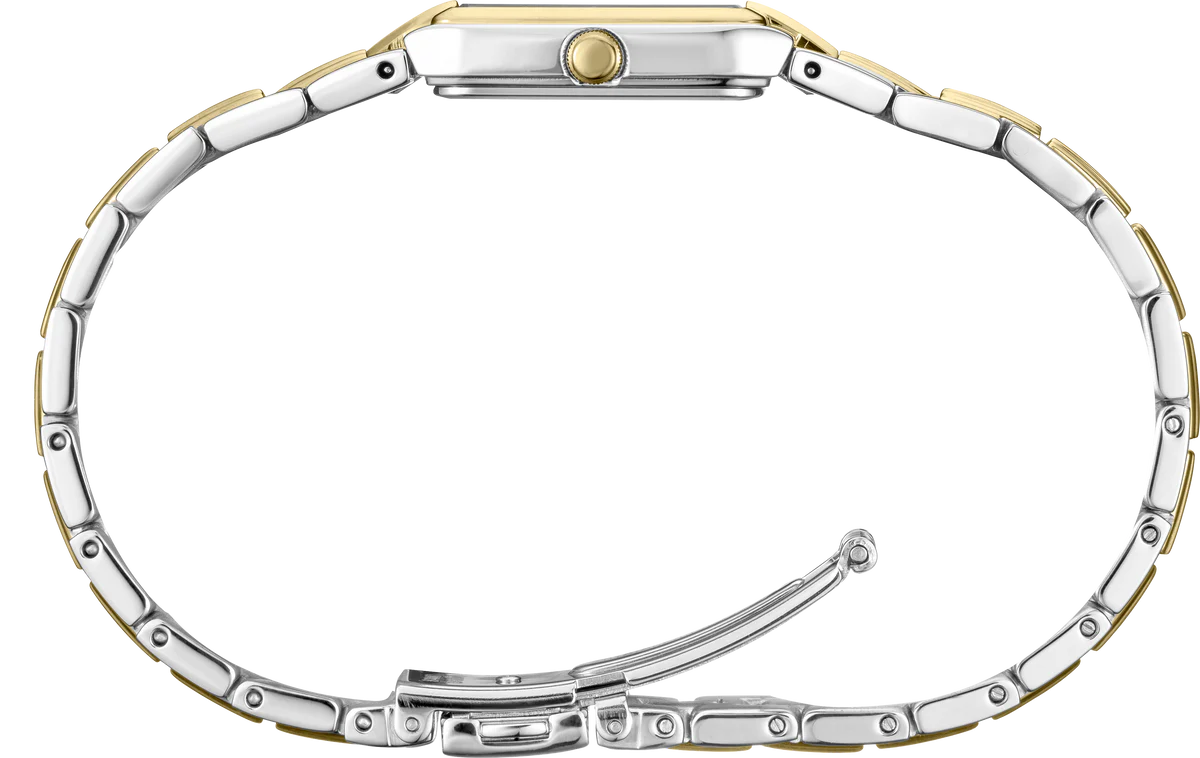 Seiko Essentials SWR044 women’s watch with slim rectangular two-tone stainless steel case and bracelet, white dial with gold-tone hands and markers, Hardlex crystal, quartz Caliber 4N30 movement, 30m water resistance, and ultra-thin 5.68 mm profile.