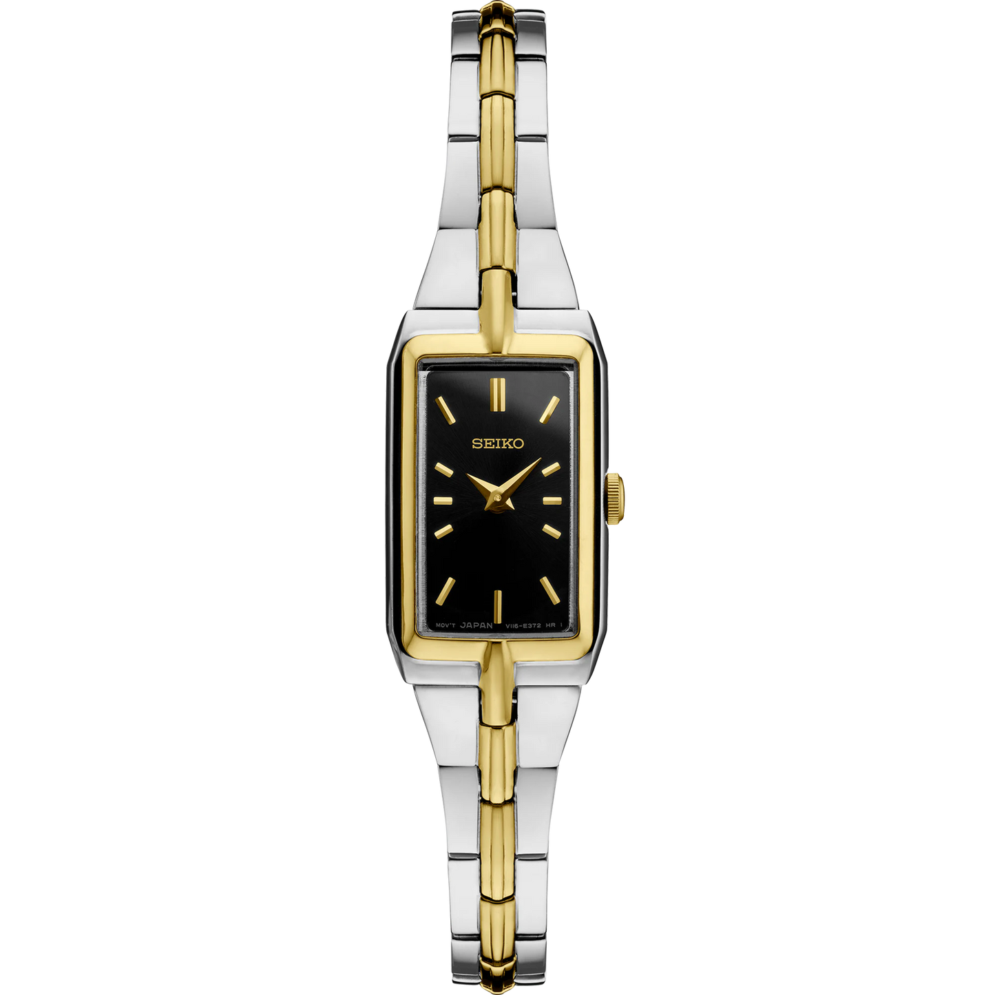Seiko Essentials SWR046 Women's Watch – Rectangular Black Dial, Gold-Tone Hands, Two-Tone Stainless Steel Bracelet, Quartz Movement, Elegant Jewelry-Inspired Design