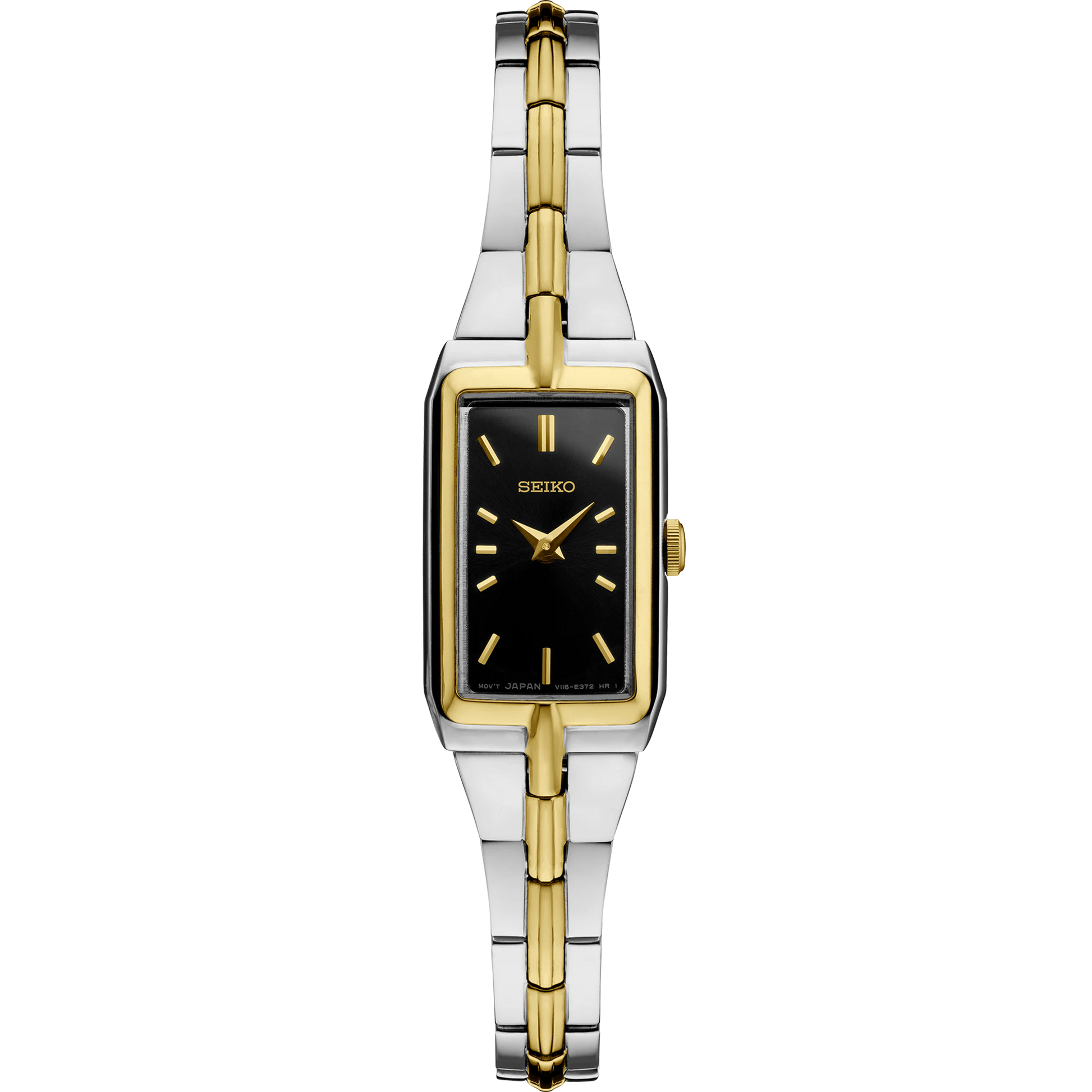 Seiko Essentials SWR046 Women's Watch – Rectangular Black Dial, Gold-Tone Hands, Two-Tone Stainless Steel Bracelet, Quartz Movement, Elegant Jewelry-Inspired Design