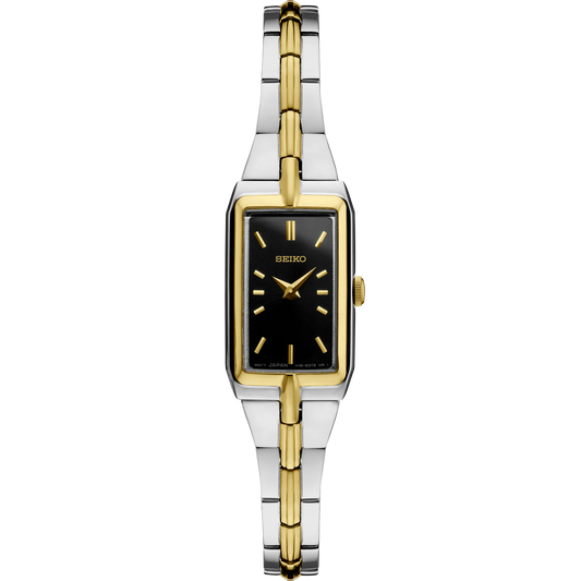 Seiko Essentials SWR046 Women's Watch – Rectangular Black Dial, Gold-Tone Hands, Two-Tone Stainless Steel Bracelet, Quartz Movement, Elegant Jewelry-Inspired Design