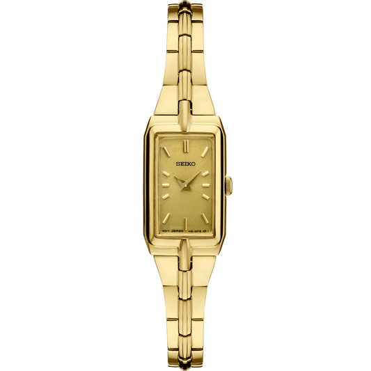 Seiko Essentials SWR048 Women's Watch – Champagne Dial, Gold-Tone Hands, Gold Stainless Steel Bracelet, Jewelry-Inspired Design, Quartz Movement