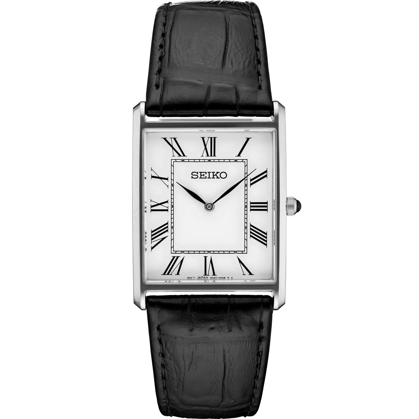 Seiko SWR053 – sleek rectangular stainless steel watch with white Roman numeral dial, cabochon crown, and black calf leather strap; timeless design from the Essentials Collection.
