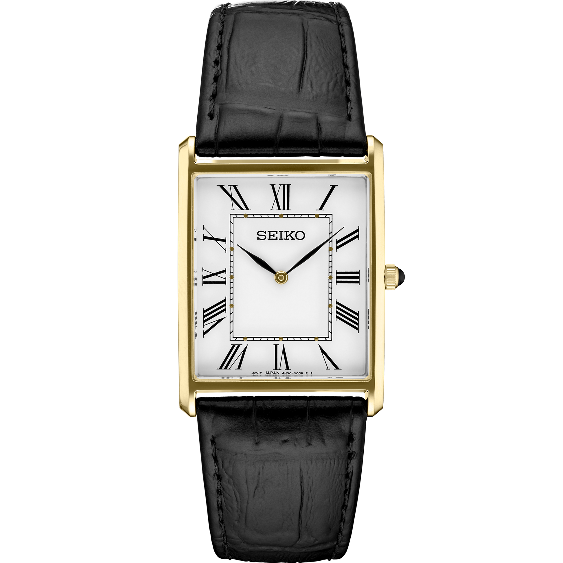 Seiko Essentials Collection watch with rectangular gold-tone case, white Roman numeral dial, cabochon crown, and black leather strap – classic everyday style with 30m water resistance.