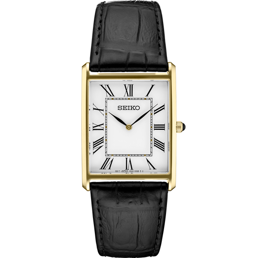 Seiko Essentials Collection watch with rectangular gold-tone case, white Roman numeral dial, cabochon crown, and black leather strap – classic everyday style with 30m water resistance.