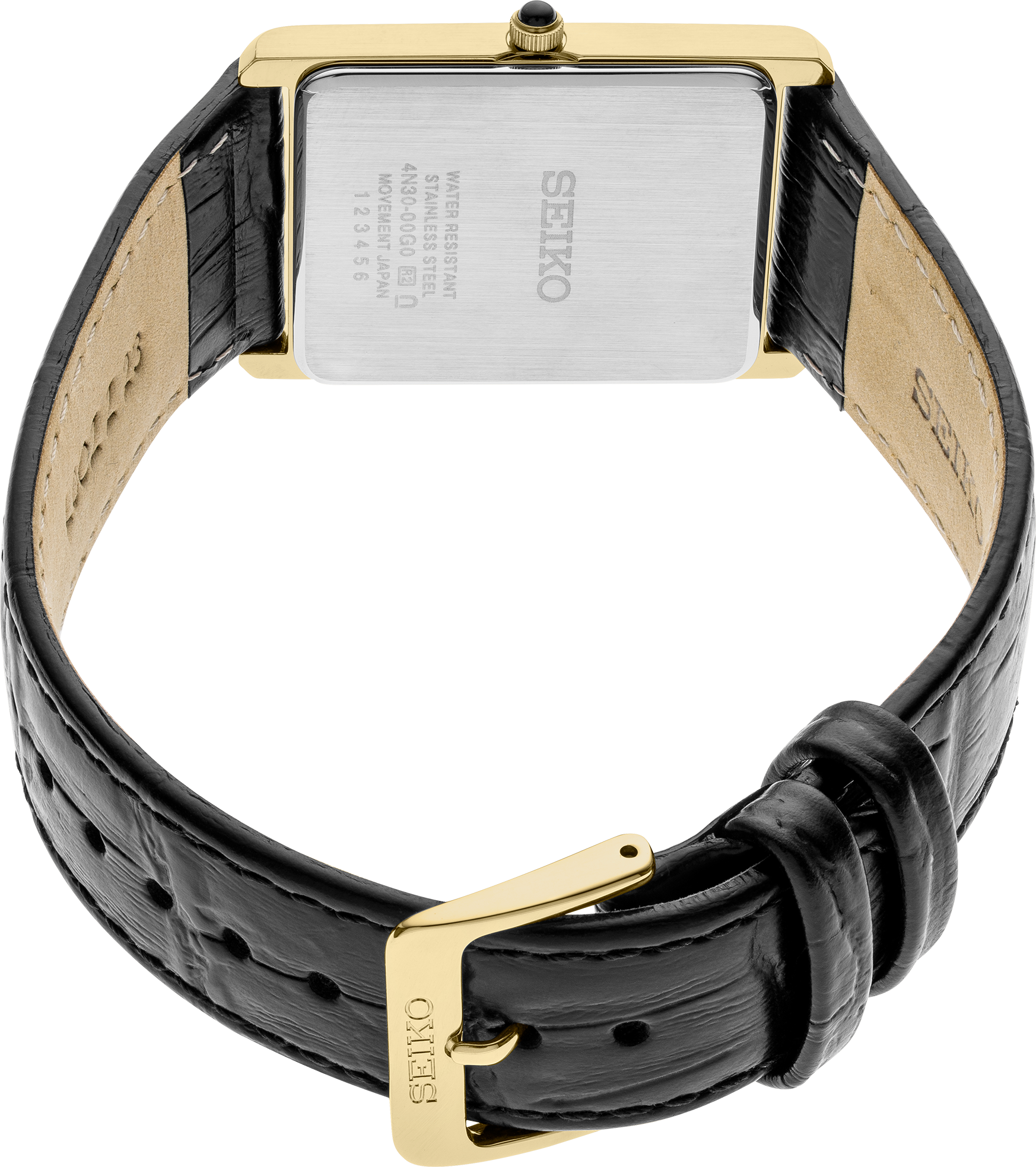 Seiko Essentials Collection watch with rectangular gold-tone case, white Roman numeral dial, cabochon crown, and black leather strap – classic everyday style with 30m water resistance.