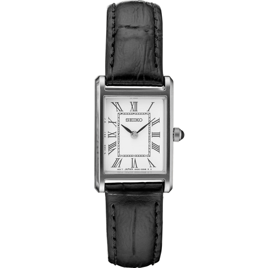 Seiko SWR053 – rectangular stainless steel watch with white Roman numeral dial, cabochon crown, and black leather strap; slim profile and classic elegance from the Essentials Collection.