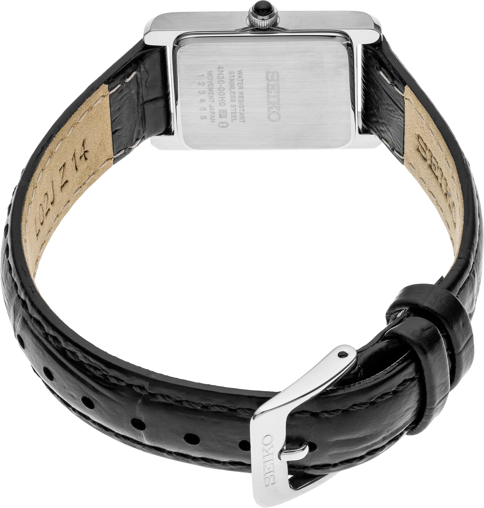 Seiko SWR053 – rectangular stainless steel watch with white Roman numeral dial, cabochon crown, and black leather strap; slim profile and classic elegance from the Essentials Collection.