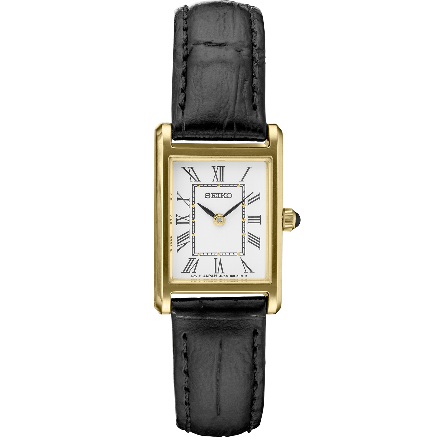 Seiko Essentials Collection watch with gold-tone rectangular case, white Roman numeral dial, cabochon crown, and black leather strap – timeless elegance for daily wear.