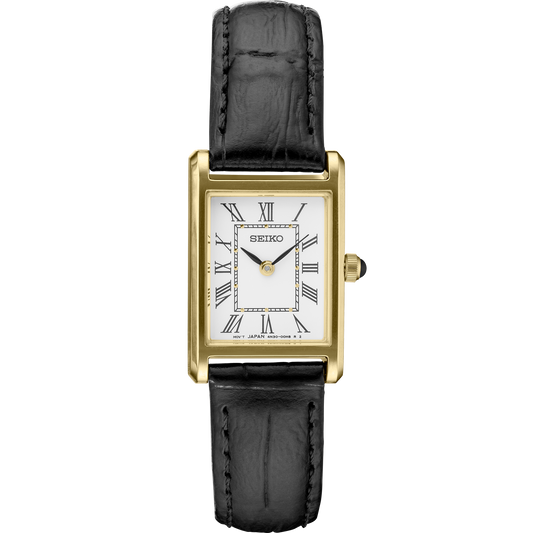 Seiko Essentials Collection watch with gold-tone rectangular case, white Roman numeral dial, cabochon crown, and black leather strap – timeless elegance for daily wear.