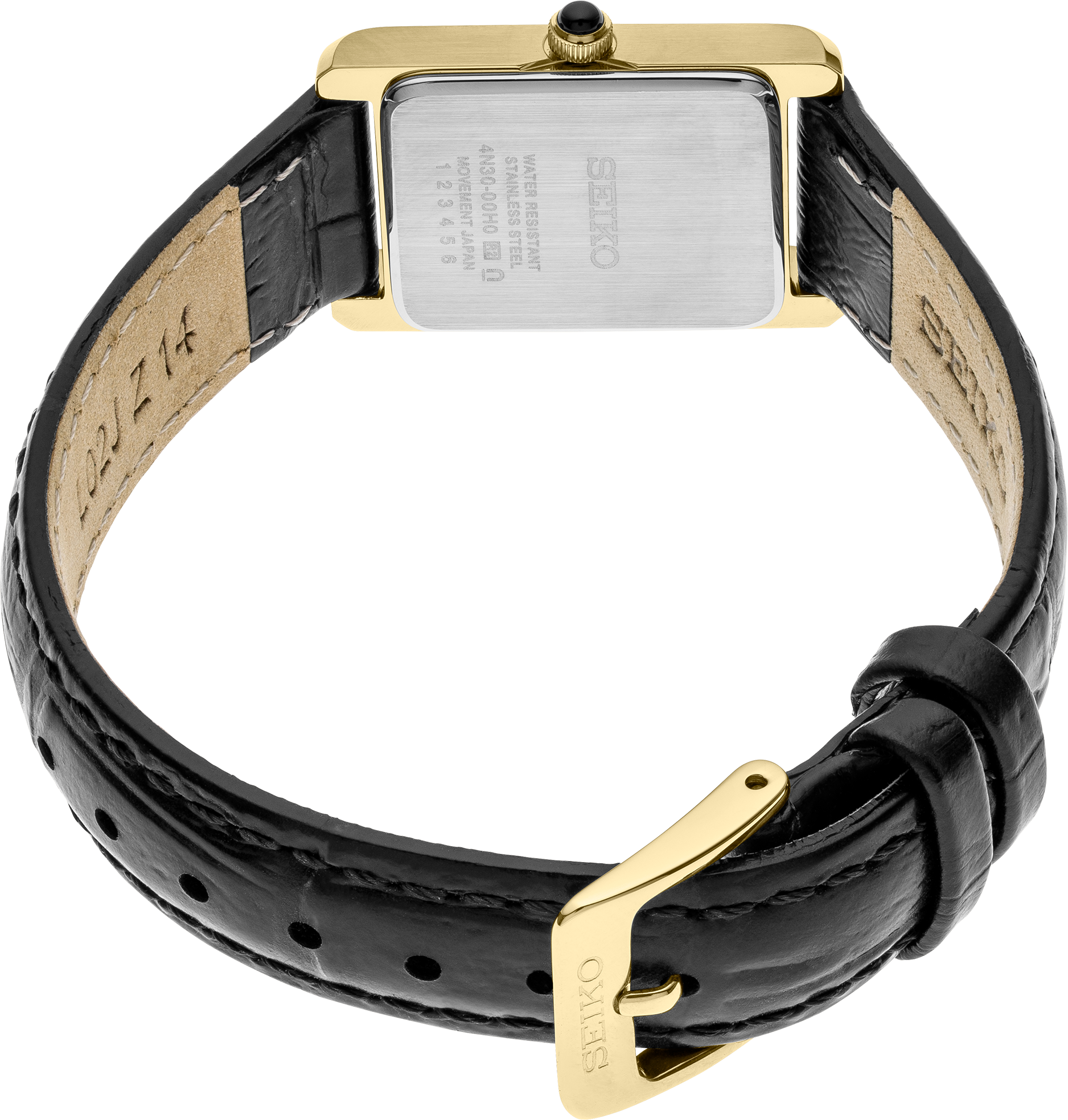 Seiko Essentials Collection watch with gold-tone rectangular case, white Roman numeral dial, cabochon crown, and black leather strap – timeless elegance for daily wear.