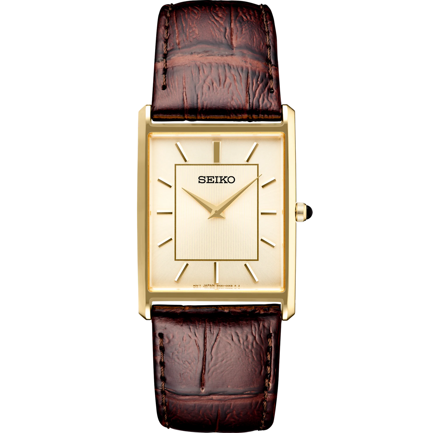 Seiko SWR064 Essentials Collection Rectangular Gold-Tone Watch with Champagne Dial and Brown Leather Strap – Elegant Women's Dress Timepiece