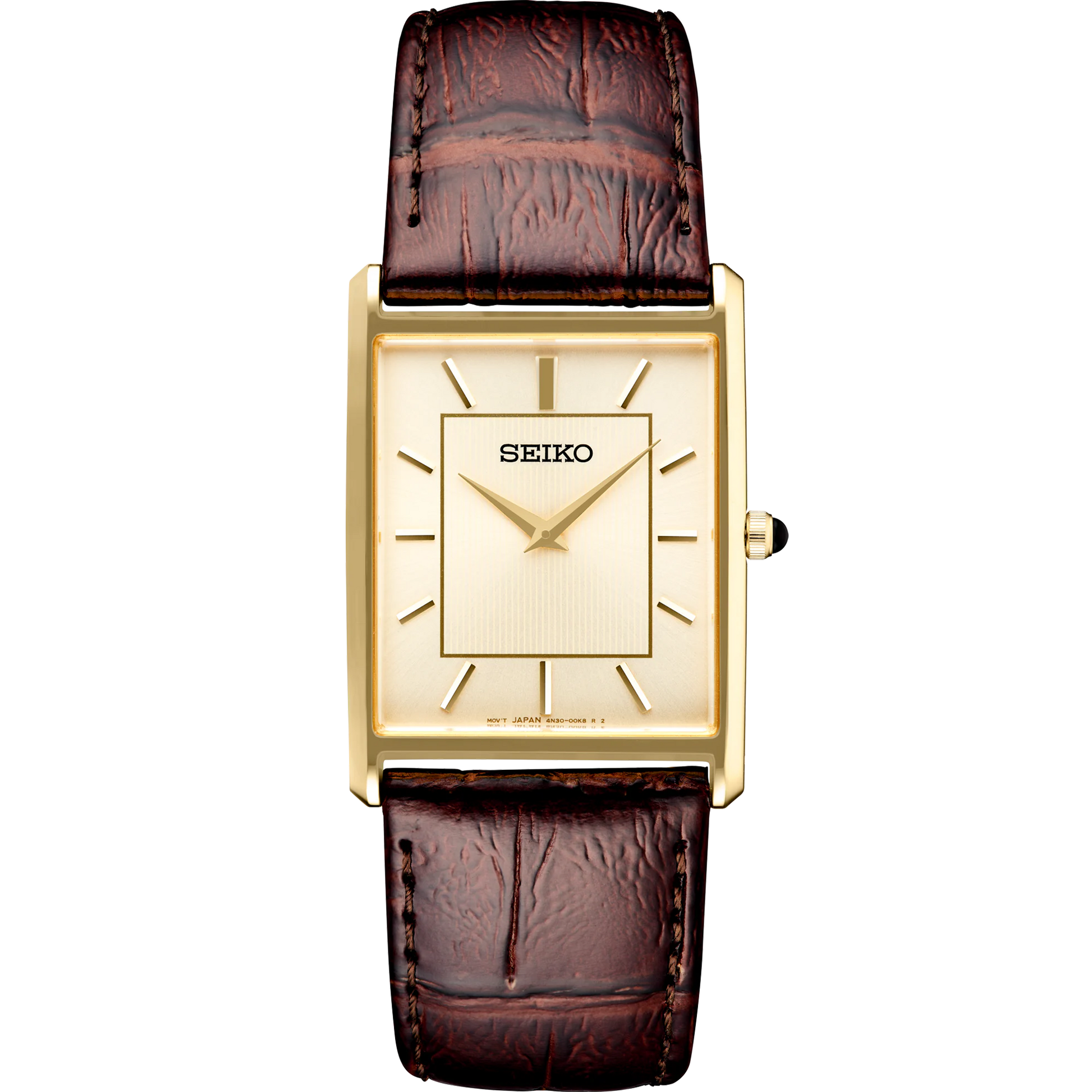 Seiko SWR064 Essentials Collection Rectangular Gold-Tone Watch with Champagne Dial and Brown Leather Strap – Elegant Women's Dress Timepiece