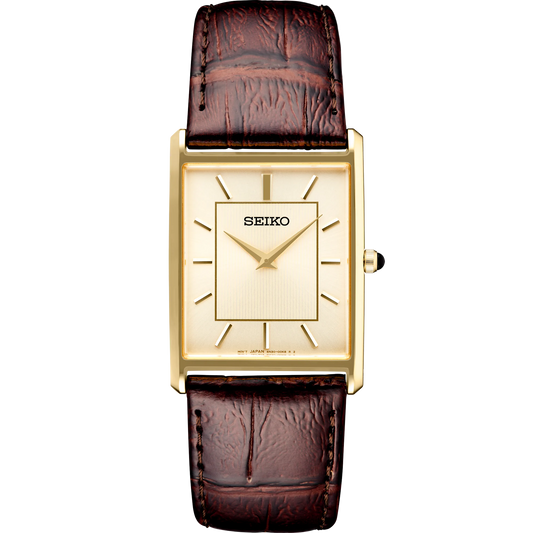 Seiko SWR064 Essentials Collection Rectangular Gold-Tone Watch with Champagne Dial and Brown Leather Strap – Elegant Women's Dress Timepiece