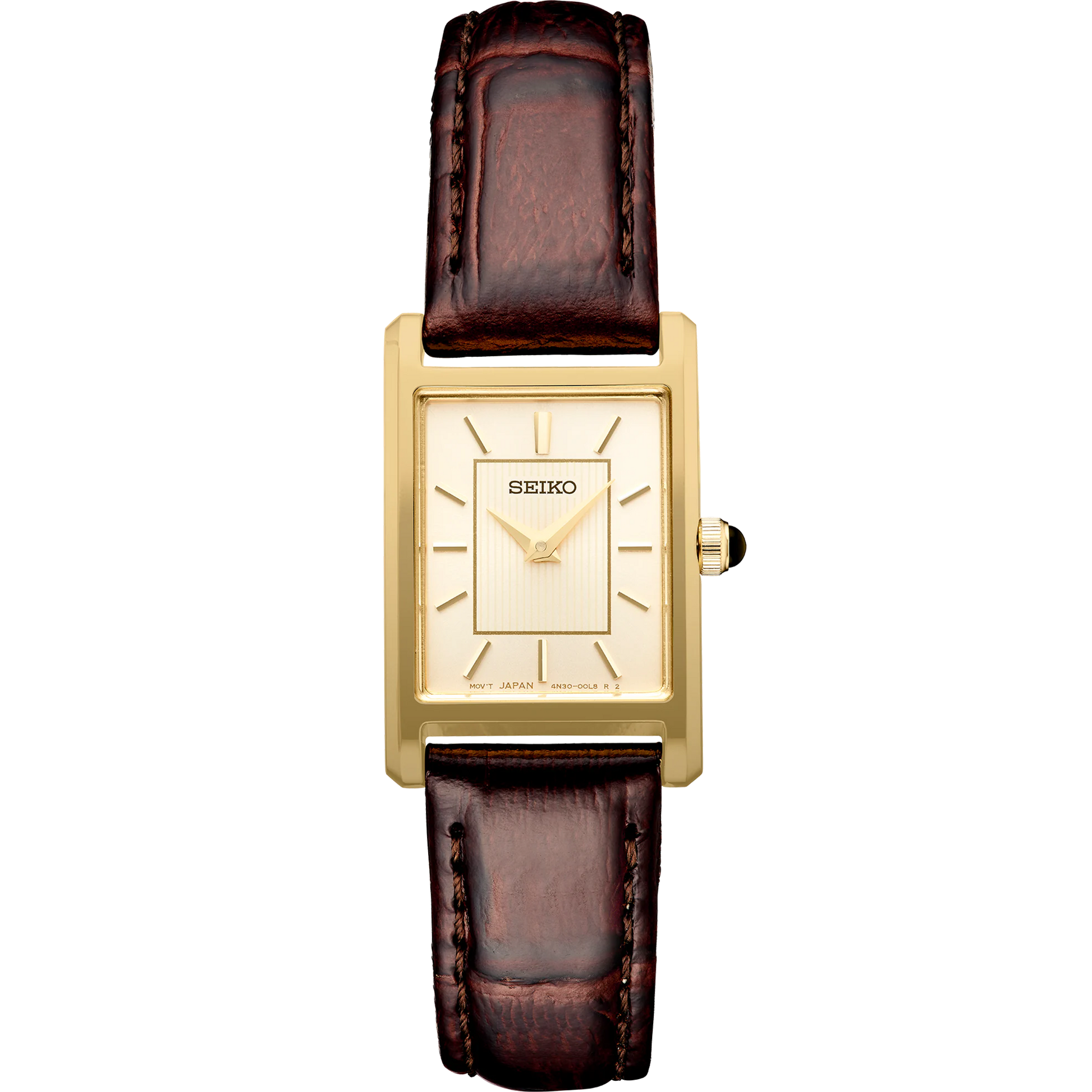 Seiko SWR066 – rectangular gold-tone watch with light champagne sunray dial, cabochon crown, and textured brown leather strap; elegant everyday style from the Essentials Collection.