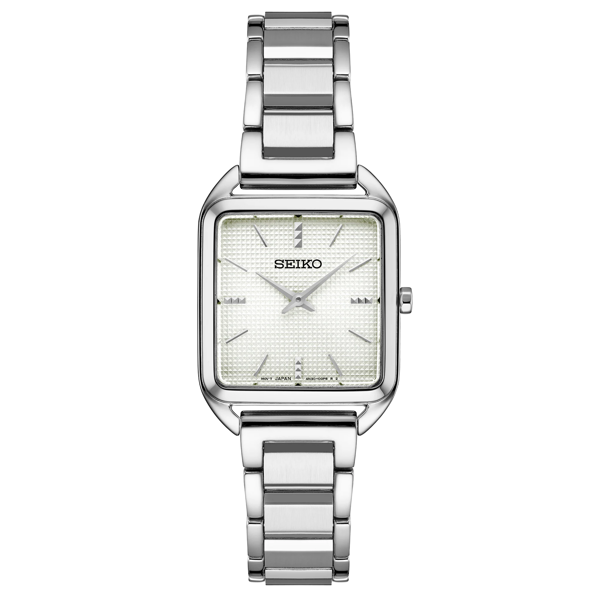Silver Seiko watch with a square face on a white background