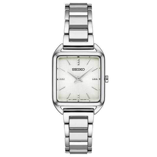 Silver Seiko watch with a square face on a white background