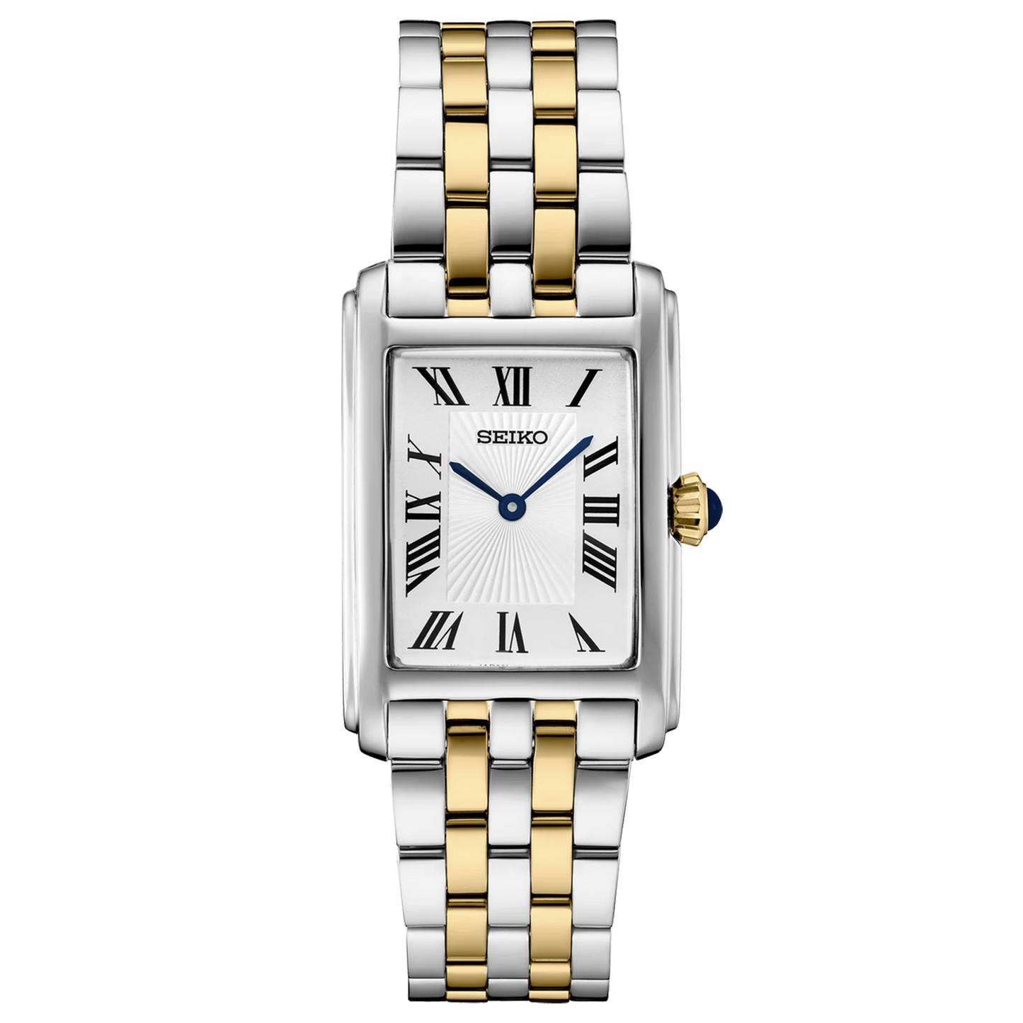 Seiko watch with two-tone metal strap on a white background