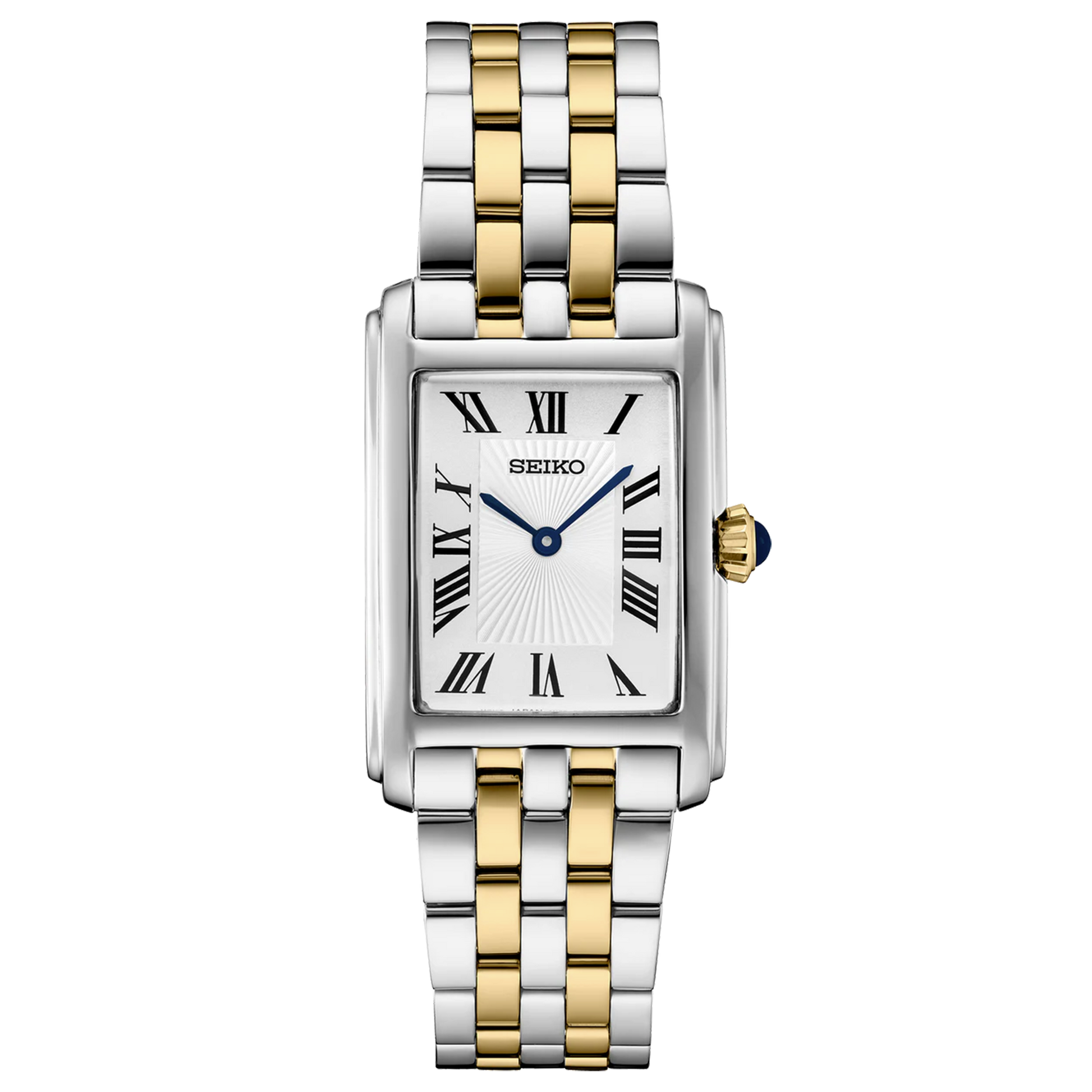 Seiko watch with two-tone metal strap on a white background
